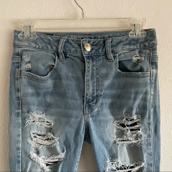 American Eagle Jeggings Super Stretch High Rise Skinny Light Wash Distressed - Picture 4 of 11
